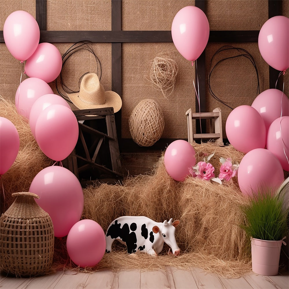 Kate Kuh Heuhaufen Ballon Kuchen Smash Geburtstag Hintergrund für Fotografie - Kate Backdrop.de