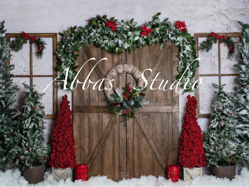 Kate Weihnachten Scheune Tür mit rotem Hintergrund von Abbas Studio - Kate Backdrop.de