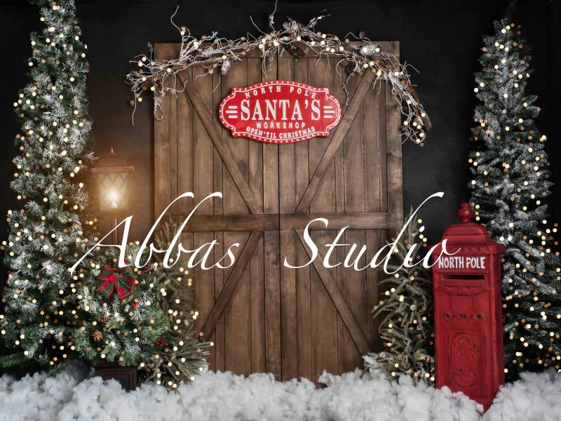 Kate Weihnachten Santa's Workshop Tür mit Lichtern Hintergrund von Abbas Studio - Kate Backdrop.de
