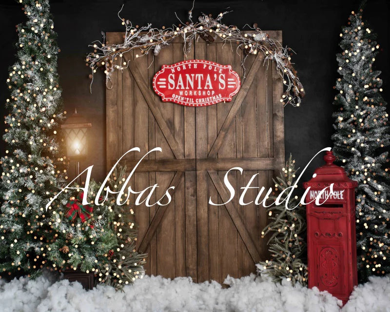 Kate Weihnachten Santa's Workshop Tür mit Lichtern Hintergrund von Abbas Studio - Kate Backdrop.de