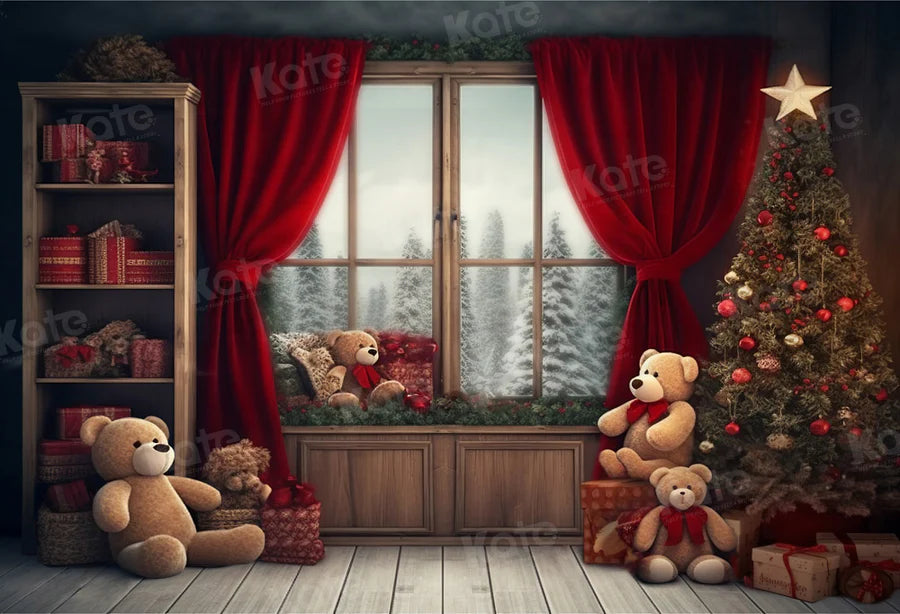 Kate Weihnachten - Zimmer Teddybär Fenster Hintergrund von Chain Photography