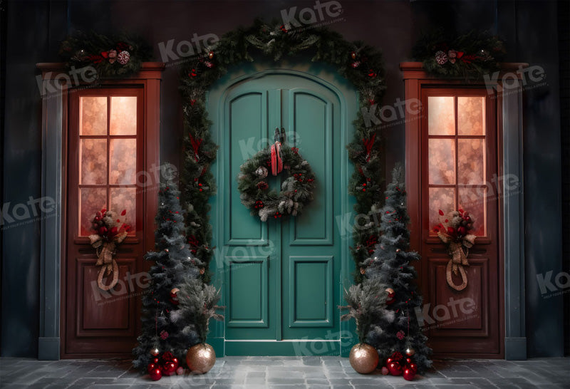 Kate Weihnachten Grüne Tür Nacht Straße Hintergrund für Fotografie - Kate Backdrop.de