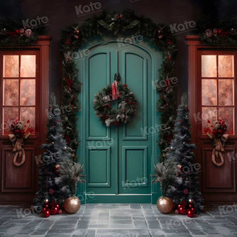 Kate Weihnachten Grüne Tür Nacht Straße Hintergrund für Fotografie - Kate Backdrop.de
