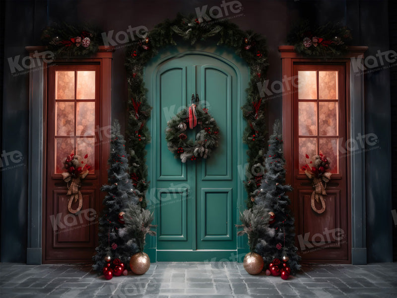 Kate Weihnachten Grüne Tür Nacht Straße Hintergrund für Fotografie - Kate Backdrop.de