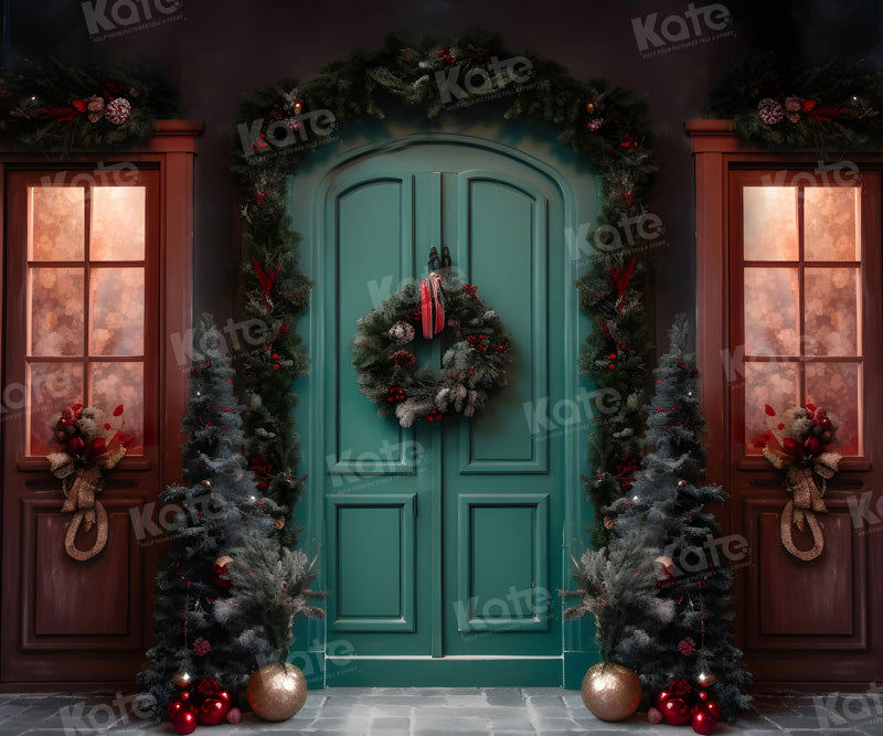 Kate Weihnachten Grüne Tür Nacht Straße Hintergrund für Fotografie - Kate Backdrop.de