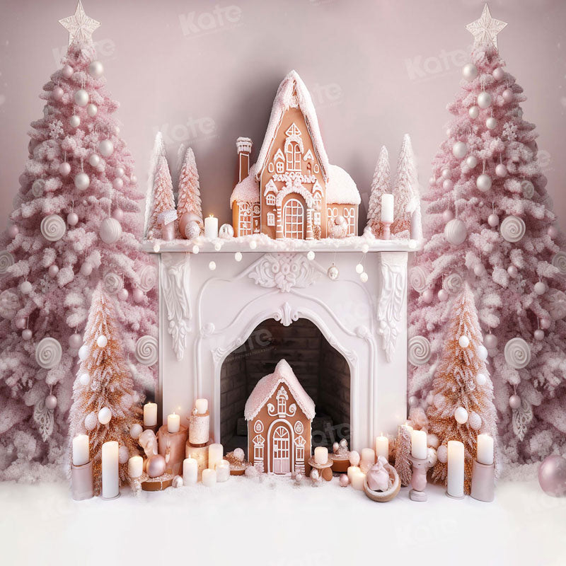 Kate Weihnachten Rosa Baum Kamin Lebkuchenhaus Hintergrund für Fotografie - Kate Backdrop.de