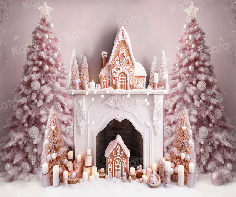 Kate Weihnachten Rosa Baum Kamin Lebkuchenhaus Hintergrund für Fotografie - Kate Backdrop.de