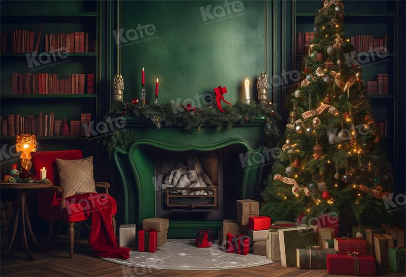 Kate Weihnachtsraum-grüner Kamin-Baum-Hintergrund für die Fotografie