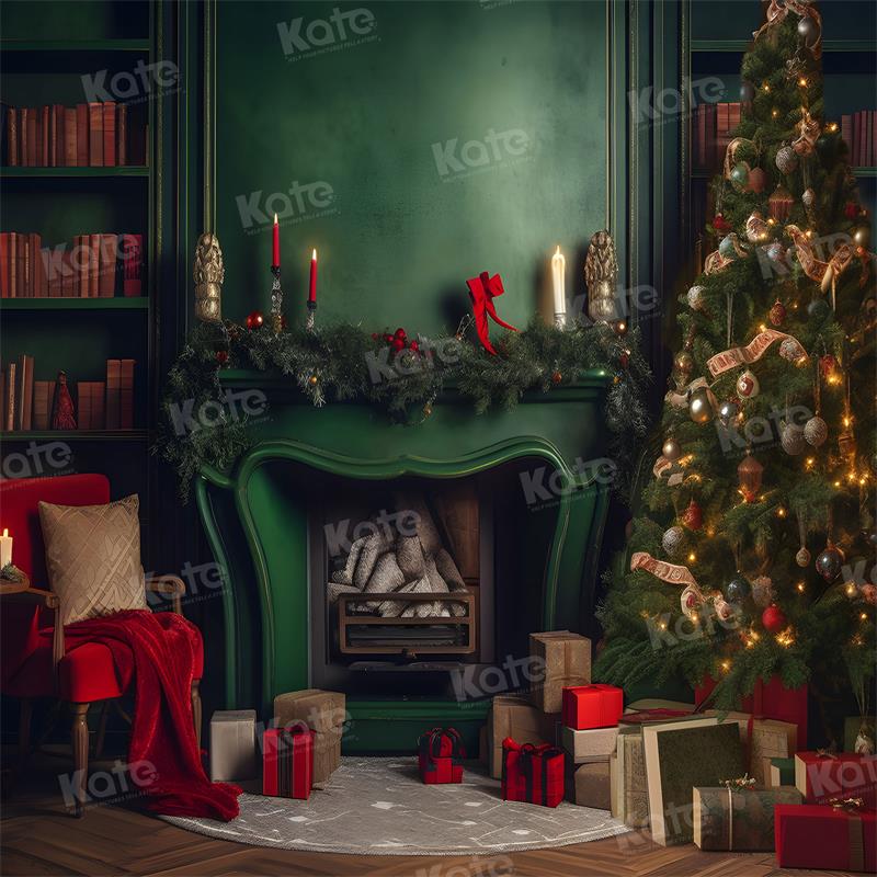 Kate Weihnachtsraum-grüner Kamin-Baum-Hintergrund für die Fotografie