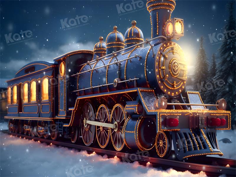 Kate Winter Weihnachten-Zug in der verschneiten Nachtkulisse für Fotografie - Kate Backdrop.de