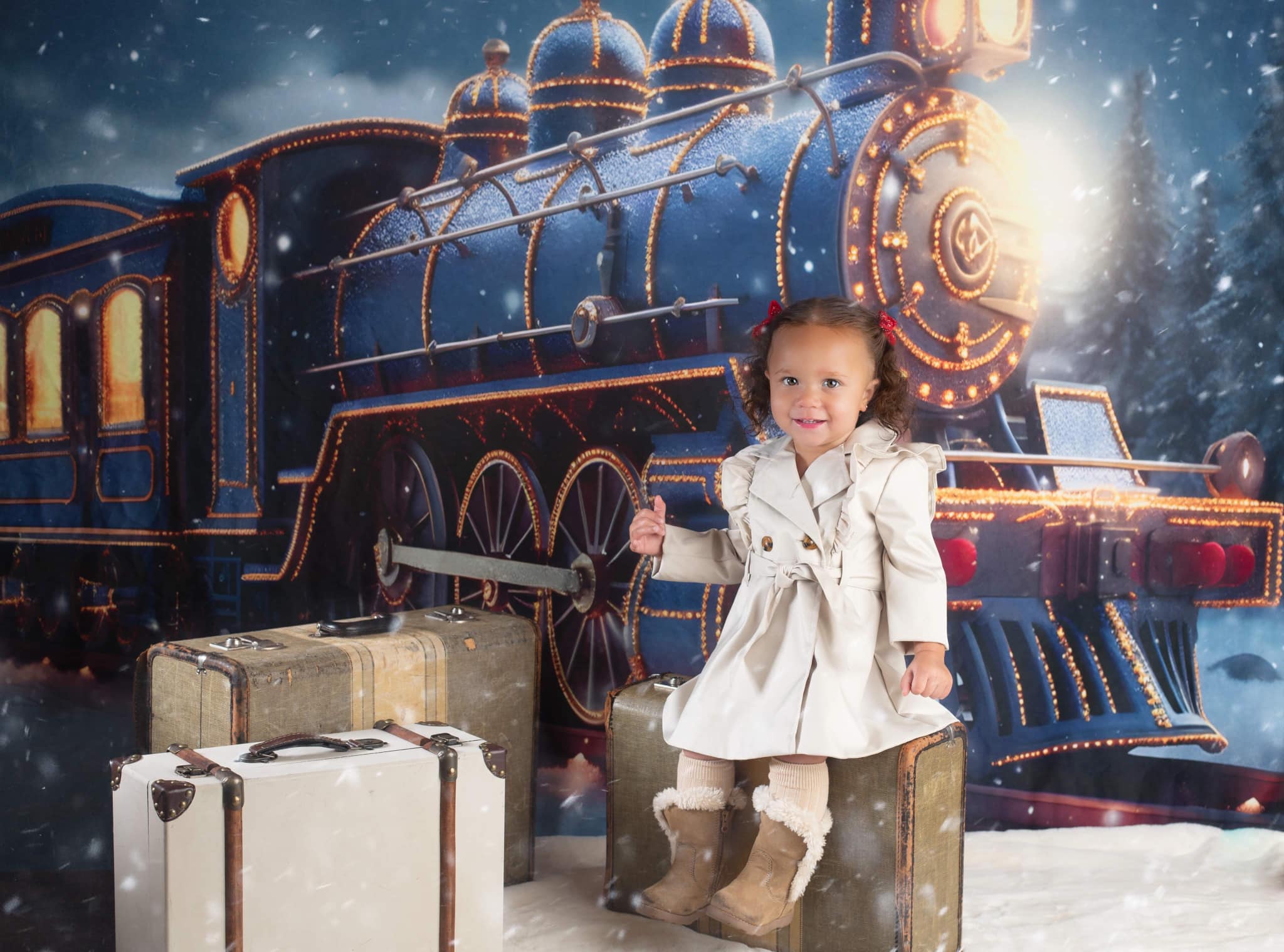 Kate Winter Weihnachten-Zug in der verschneiten Nachtkulisse für Fotografie - Kate Backdrop.de
