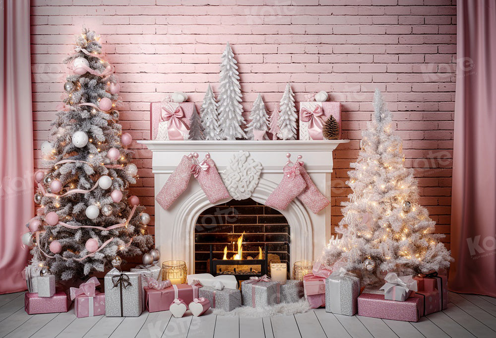 Kate Weihnachten Rosa Zimmer Kamin Baum Wand Hintergrund für Fotografie - Kate Backdrop.de