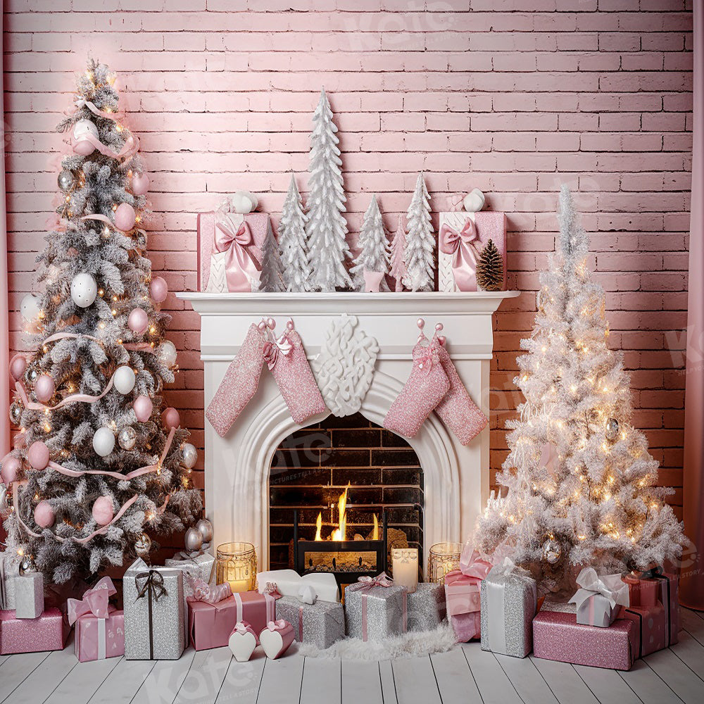 Kate Weihnachten Rosa Zimmer Kamin Baum Wand Hintergrund für Fotografie - Kate Backdrop.de