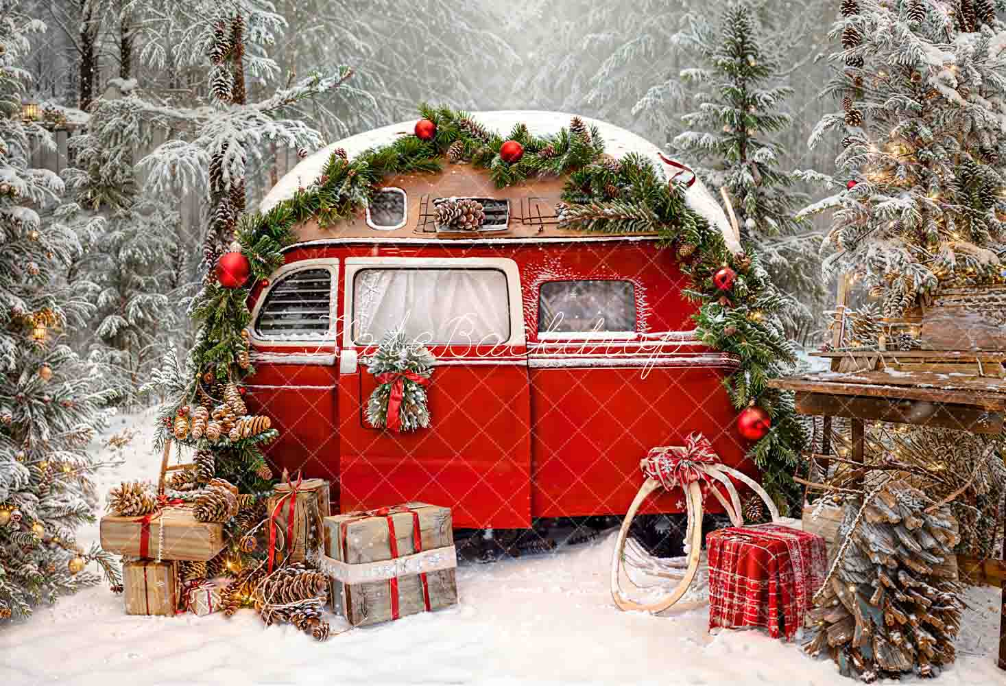 Kate Weihnachten Outdoor Camping Rot Auto Bäume Hintergrund für Fotografie