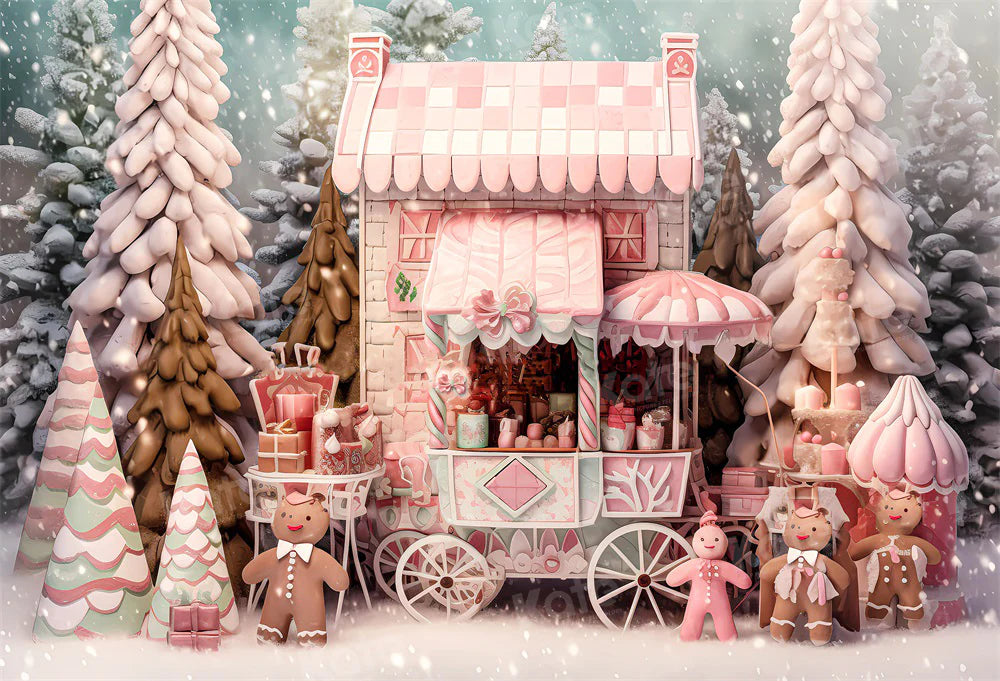 Kate Weihnachten Snowy Pink Shop Cart Lebkuchen Mann Hintergrund für die Fotografie