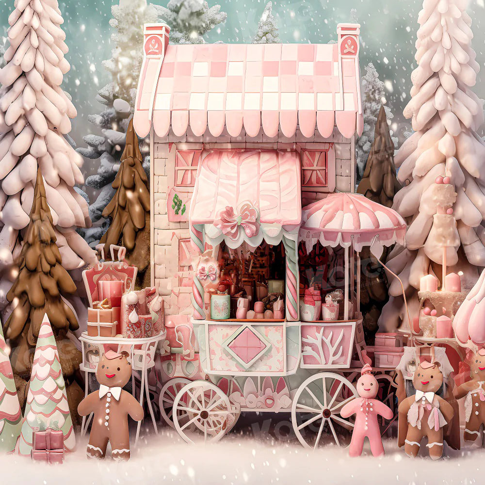 Kate Weihnachten Snowy Pink Shop Cart Lebkuchen Mann Hintergrund für die Fotografie