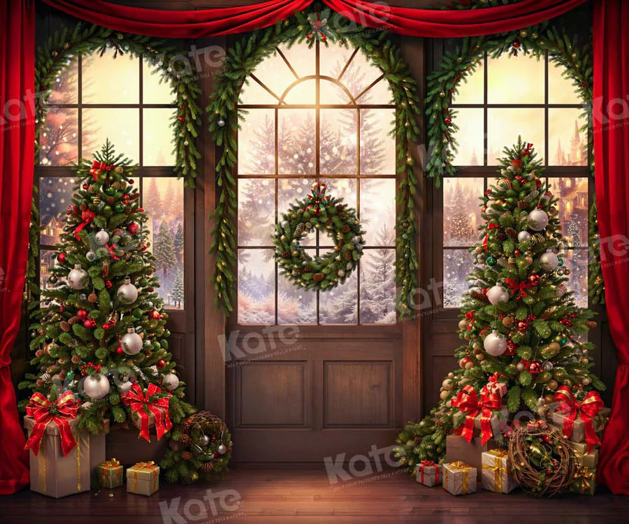 Kate Weihnachten - Baum Fenster Rot Vorhang Hintergrund von Chain Photography