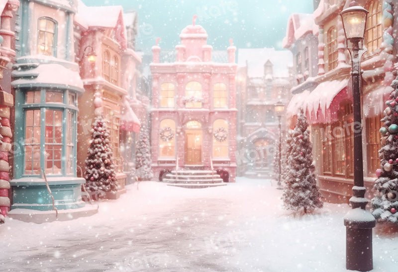 Kate Rosa Weihnachten Schneebedeckte Stadt Bonbon Kulisse für Fotografie Hintergrund Entworfen von Photography