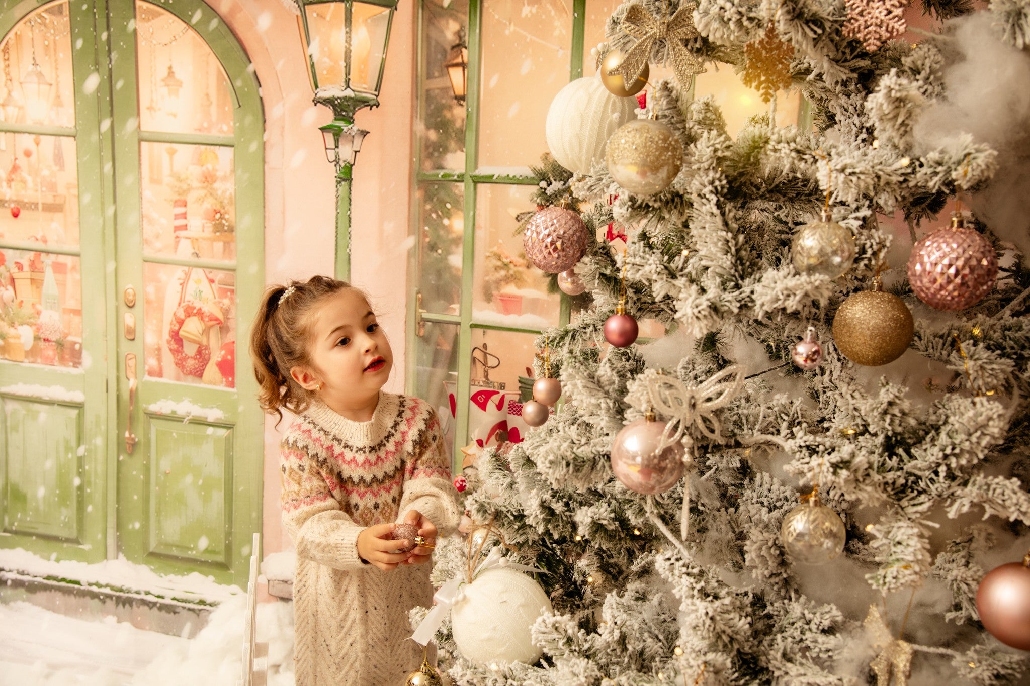 Kate Weihnachten Rosa Haus Schnee Geschenk Straße Hintergrund entworfen von Emetselch - Kate Backdrop.de