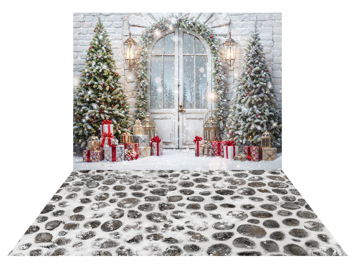 Kate Weihnachten Schnee Baum Tür Hintergrund+Cobblestone Winter Schnee Weihnachten Boden Hintergrund