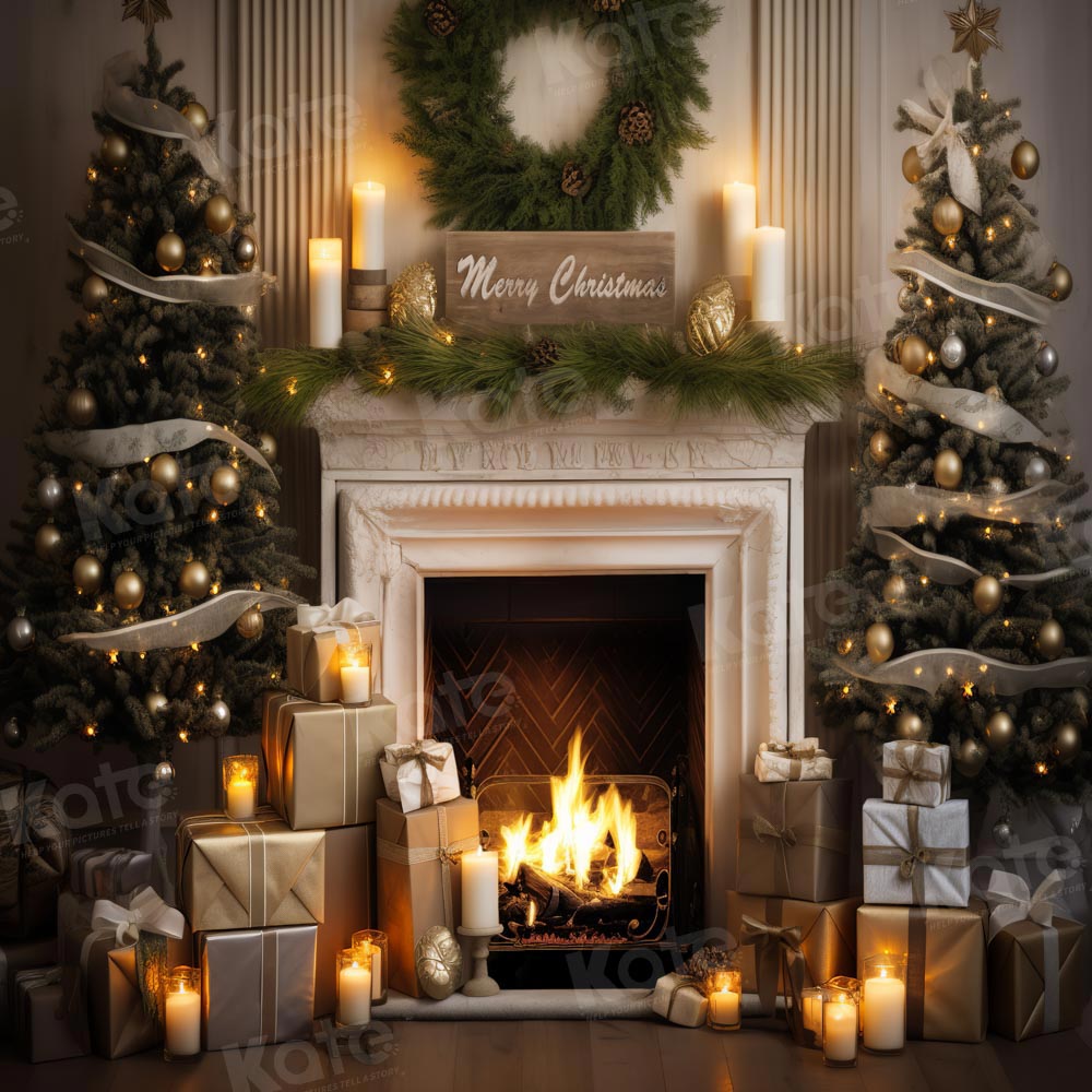 Kate Weihnachten Kamin Geschenkbaum Gemalt Fleece Hintergrund Entworfen von Emetselch - Kate Backdrop.de