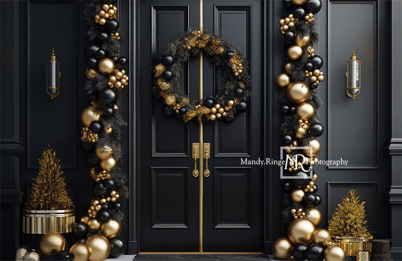 Kate Elegant Schwarz Gold Weihnachten Tür Fleece Hintergrund Entworfen von Mandy Ringe - Kate Backdrop.de
