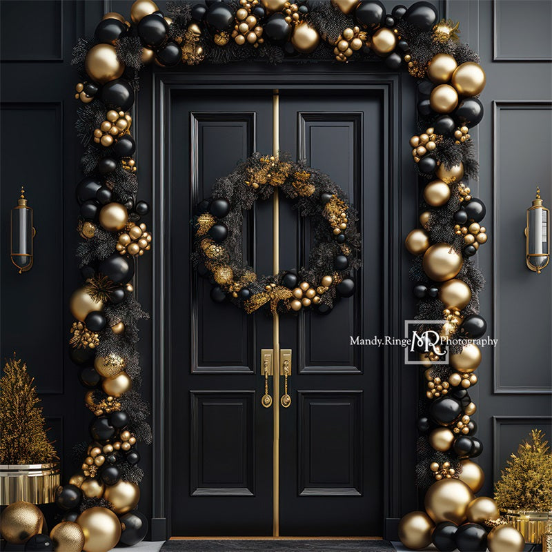 Kate Elegant Schwarz Gold Weihnachten Tür Fleece Hintergrund Entworfen von Mandy Ringe - Kate Backdrop.de