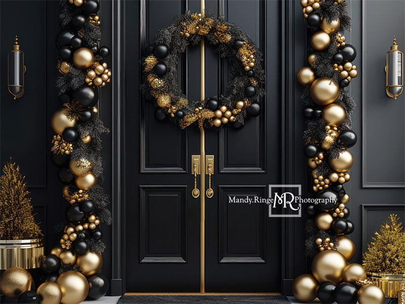 Kate Elegant Schwarz Gold Weihnachten Tür Fleece Hintergrund Entworfen von Mandy Ringe - Kate Backdrop.de