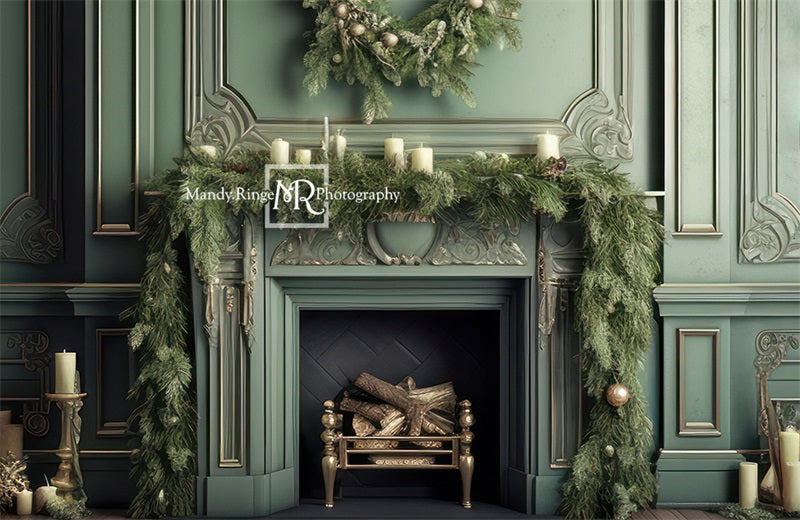 Kate Eleganter Kamin mit Weihnachtsgrün Fleece Hintergrund Entworfen von Mandy Ringe - Kate Backdrop.de