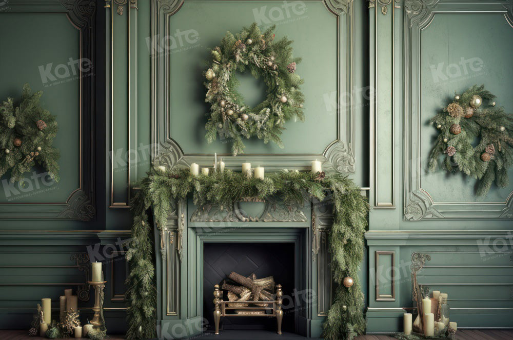 Kate Eleganter Kamin mit Weihnachtsgrün Fleece Hintergrund Entworfen von Mandy Ringe - Kate Backdrop.de