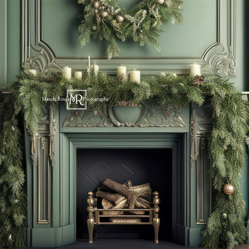 Kate Eleganter Kamin mit Weihnachten begrüntem Hintergrund von Mandy Ringe Fotograf - Kate Backdrop.de