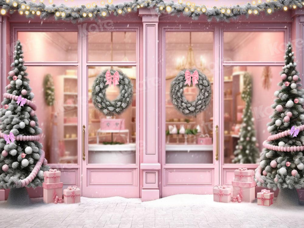 Kate Weihnachten Rosa Store Haus Tür Hintergrund von Chain Photography