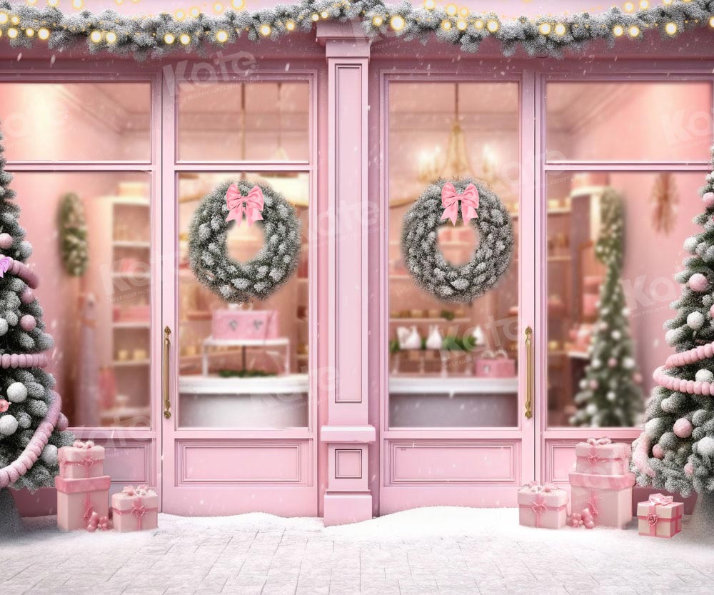 Kate Weihnachten Rosa Store Haus Tür Hintergrund von Chain Photography