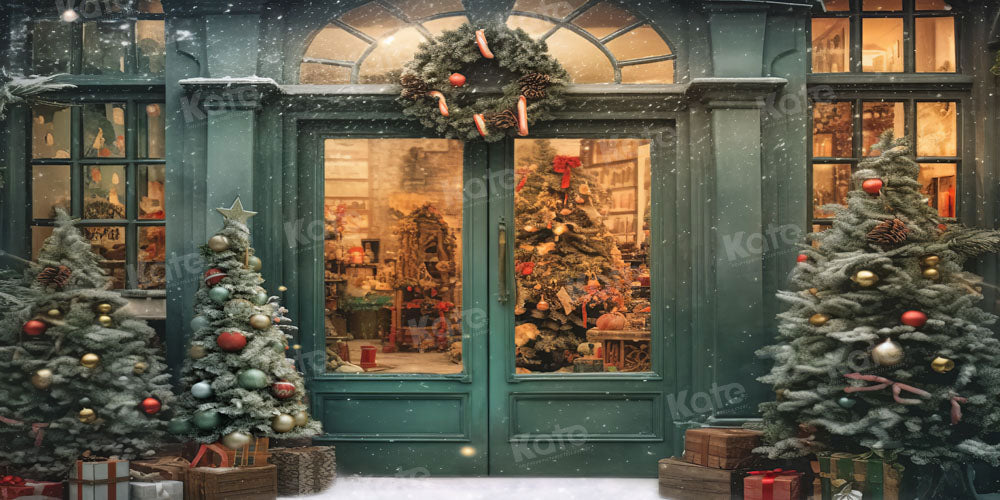Kate Weihnachten Schnee Grünes Haus Store Baum Hintergrund von Chain Photography - Kate Backdrop.de