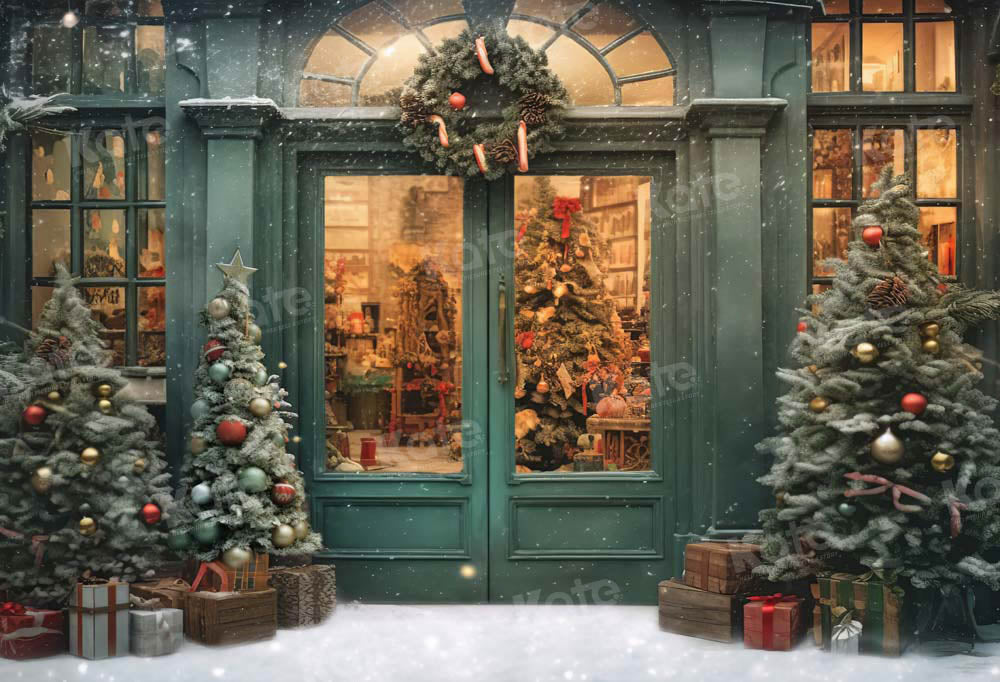 Kate Weihnachten Schnee Grünes Haus Store Baum Hintergrund von Chain Photography