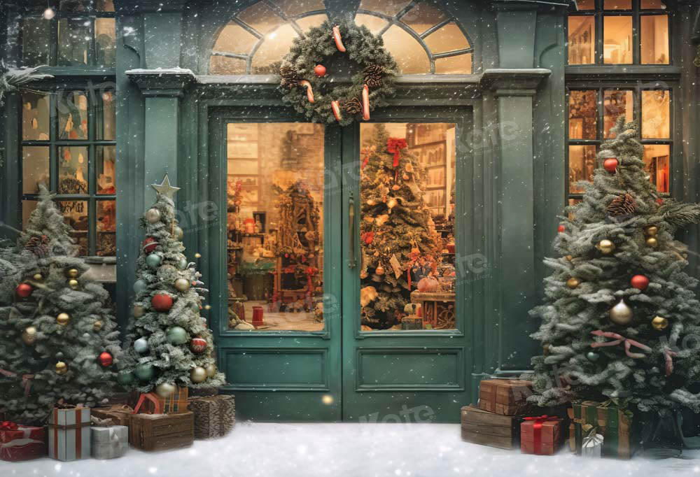 Kate Weihnachten Schnee Grünes Haus Store Baum Hintergrund von Chain Photography - Kate Backdrop.de