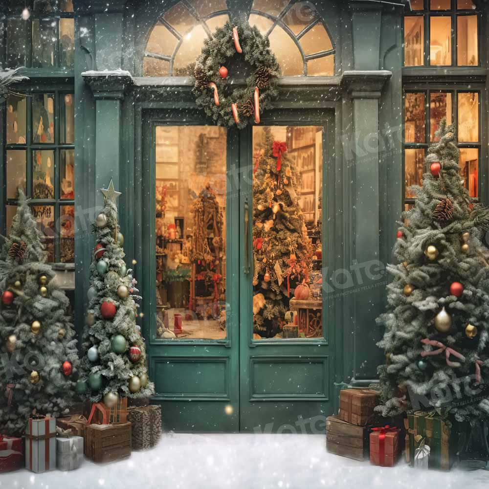 Kate Weihnachten Schnee Grünes Haus Store Baum Hintergrund von Chain Photography