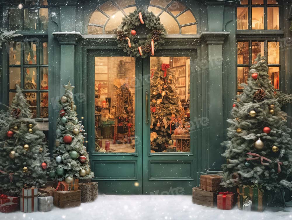 Kate Weihnachten Schnee Grünes Haus Store Baum Hintergrund von Chain Photography - Kate Backdrop.de