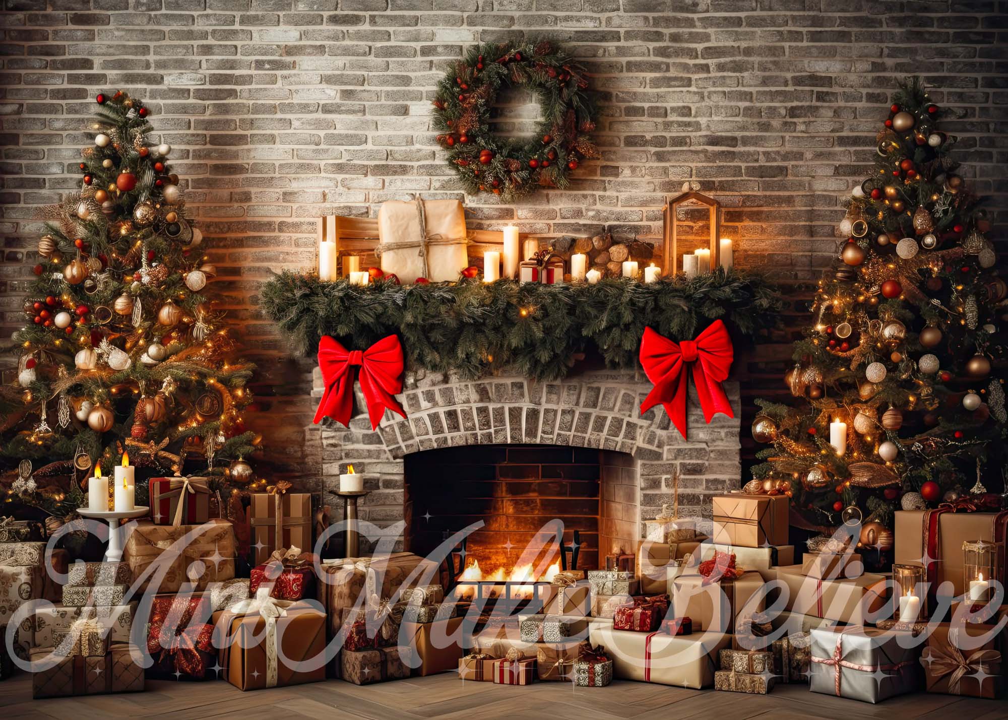 Kate Weihnachten Rustikaler Ziegelkamin und Bäume Fleece Hintergrund Entworfen von Mini MakeBelieve - Kate Backdrop.de