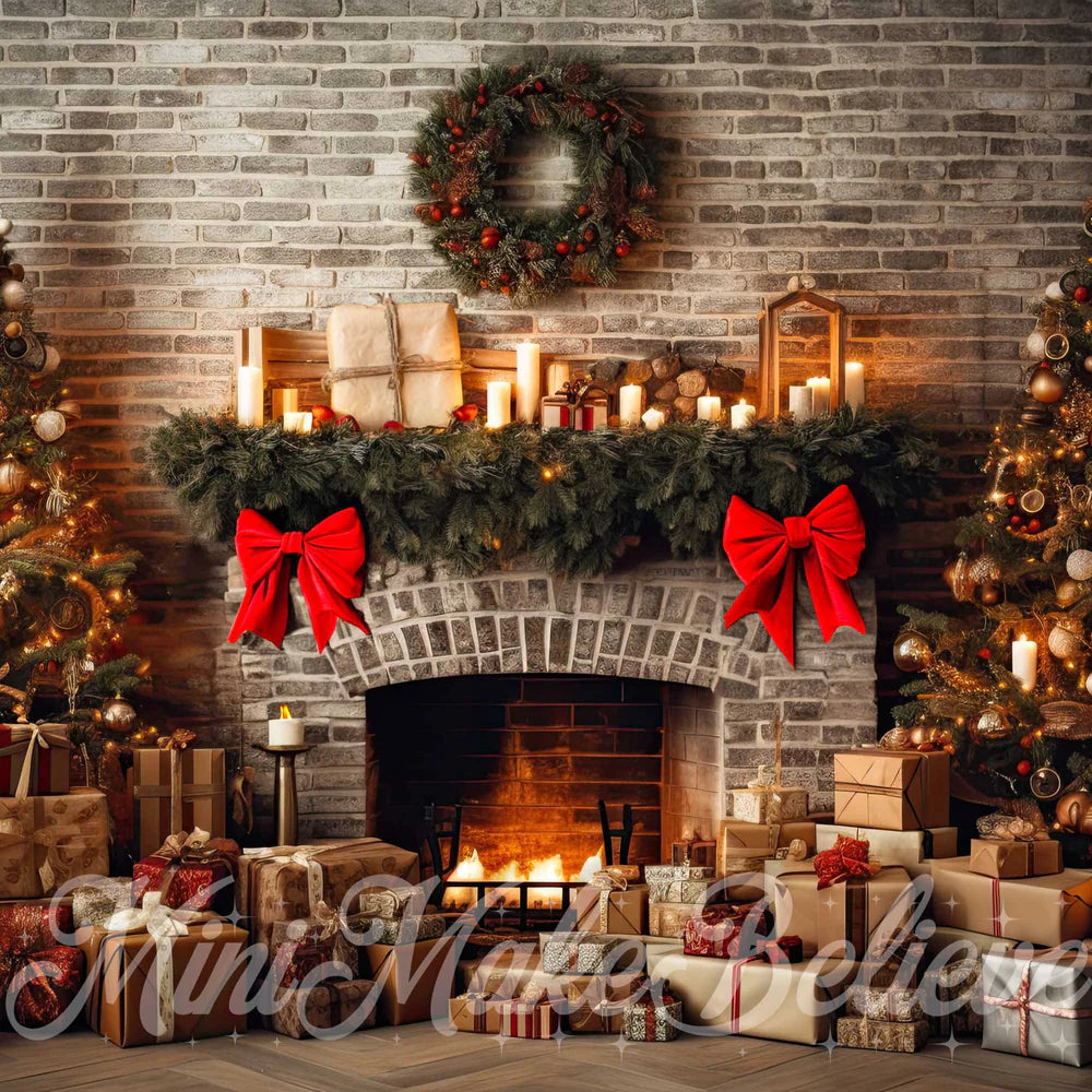 Kate Weihnachten Rustikale Backstein Kamin und Bäume Winter Hintergrund von Mini MakeBelieve