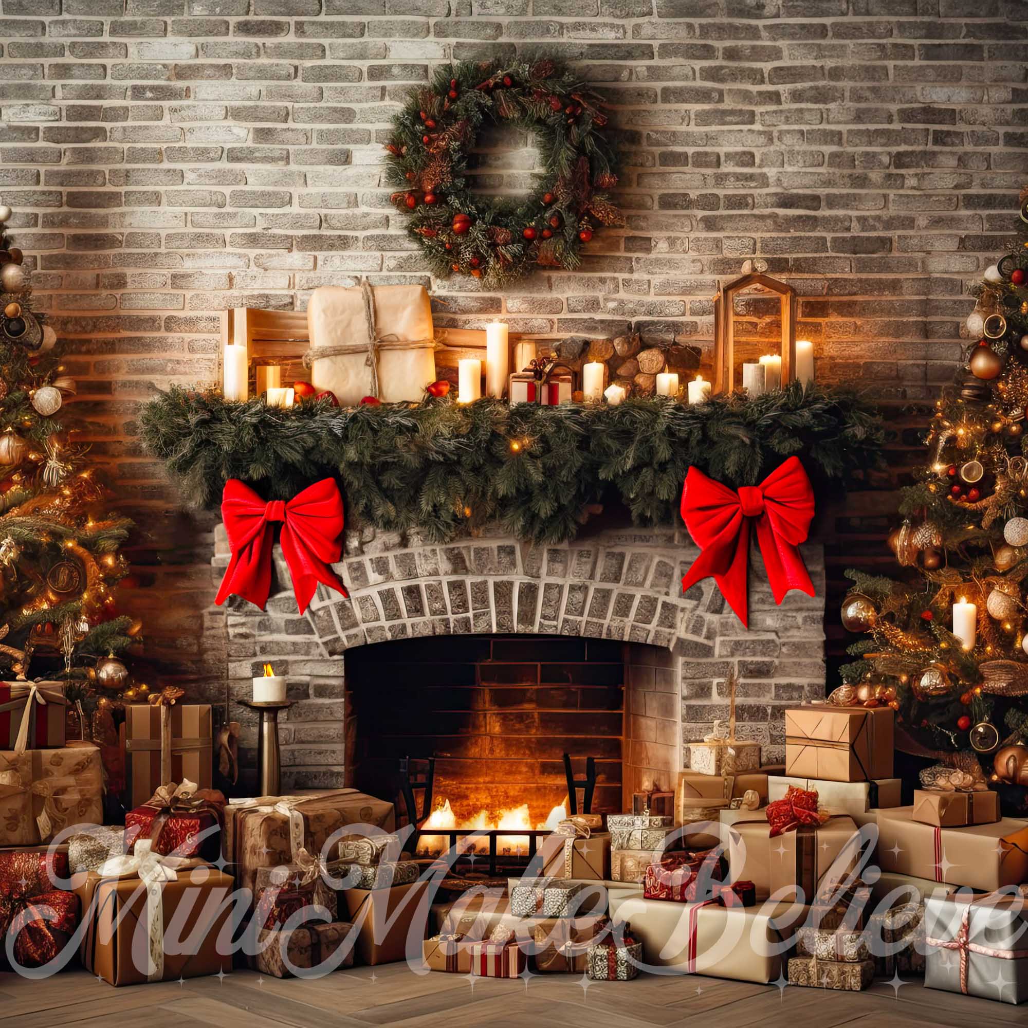 Kate Weihnachten Rustikaler Ziegelkamin und Bäume Fleece Hintergrund Entworfen von Mini MakeBelieve - Kate Backdrop.de