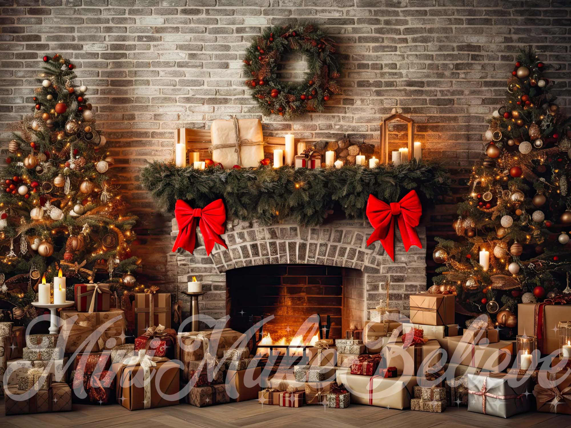 Kate Weihnachten Rustikaler Ziegelkamin und Bäume Fleece Hintergrund Entworfen von Mini MakeBelieve - Kate Backdrop.de