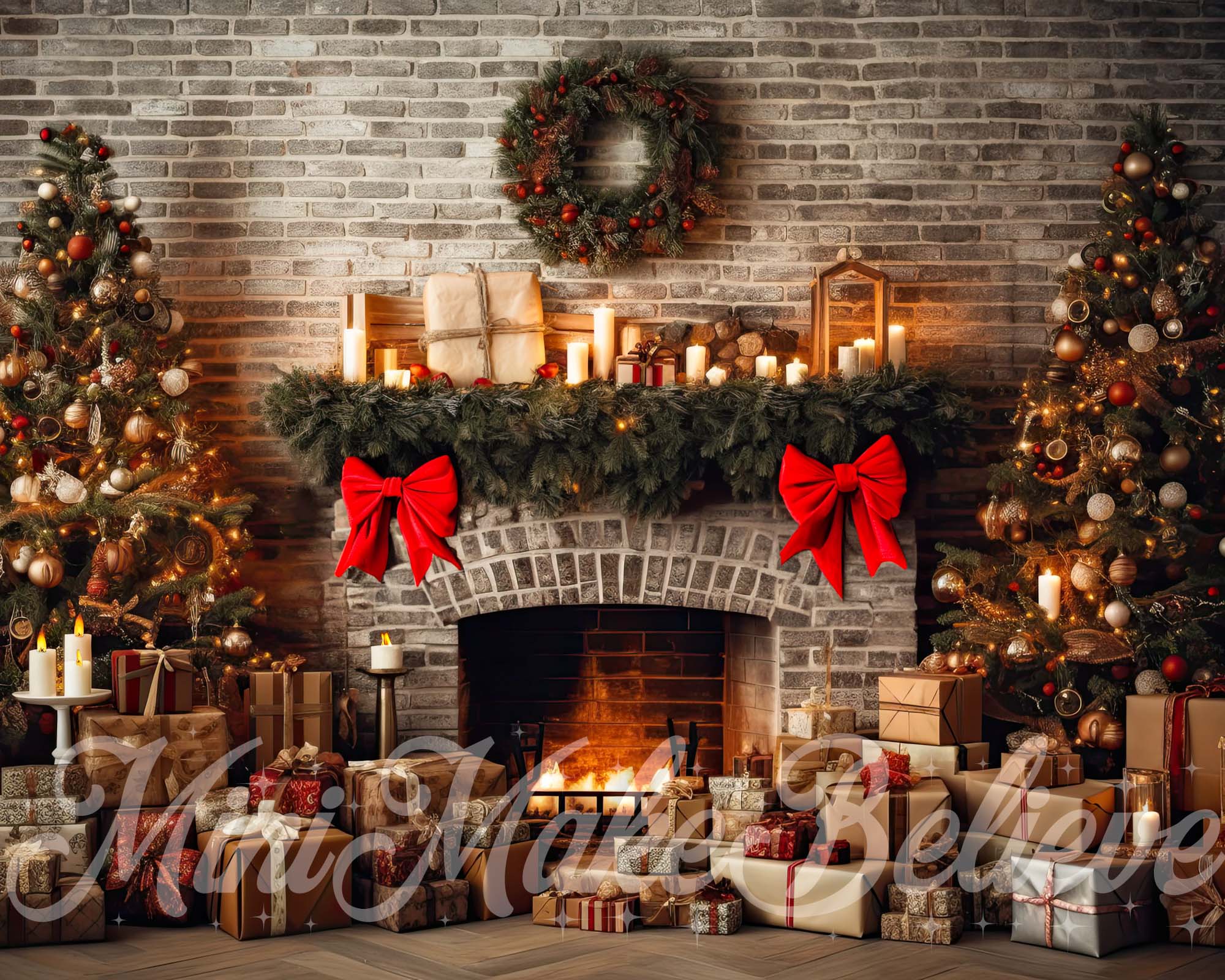 Kate Weihnachten Rustikaler Ziegelkamin und Bäume Fleece Hintergrund Entworfen von Mini MakeBelieve - Kate Backdrop.de