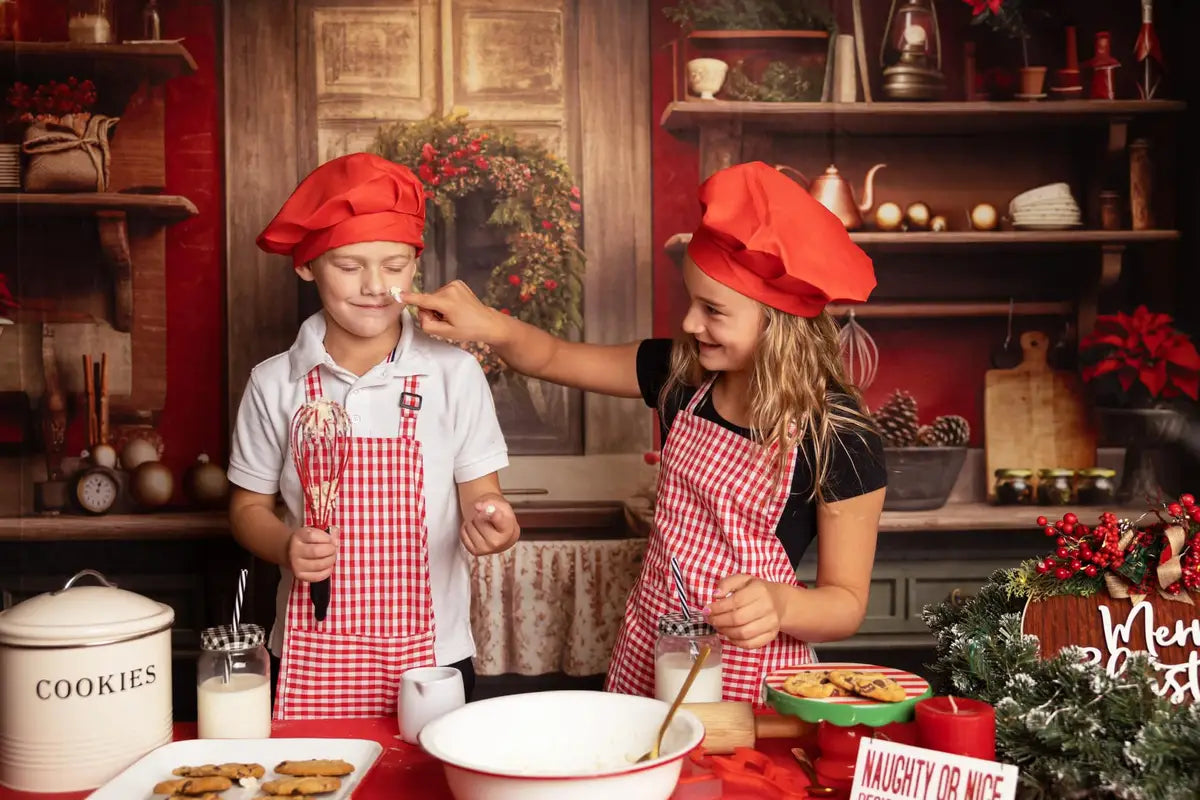 Kate Rot und Grün Weihnachtsküche Fleece Hintergrund Entworfen von Mandy Ringe - Kate Backdrop.de