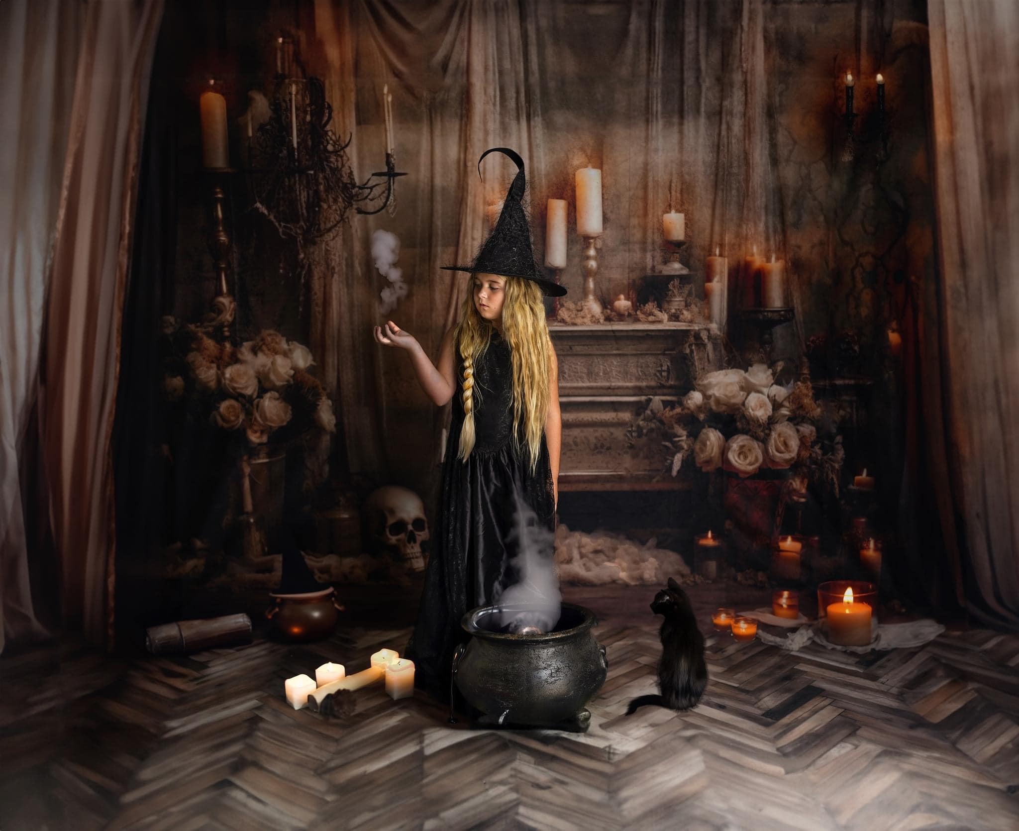 Kate Halloween Schädel Kerze Hintergrund+Braun Holzboden Hintergrund für Fotografie