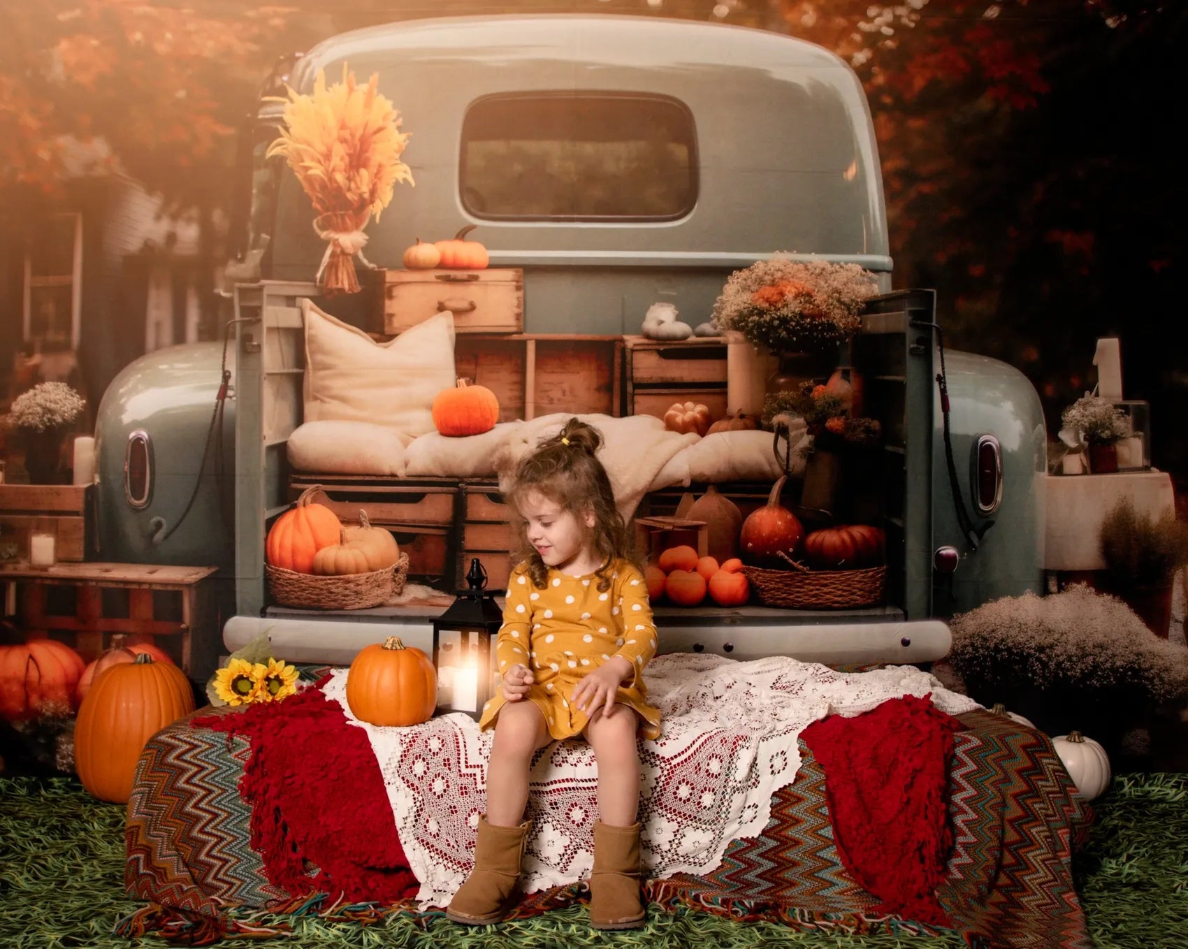 Kate Herbst Truck mit Kürbissen Fleece Hintergrund - Kate Backdrop.de