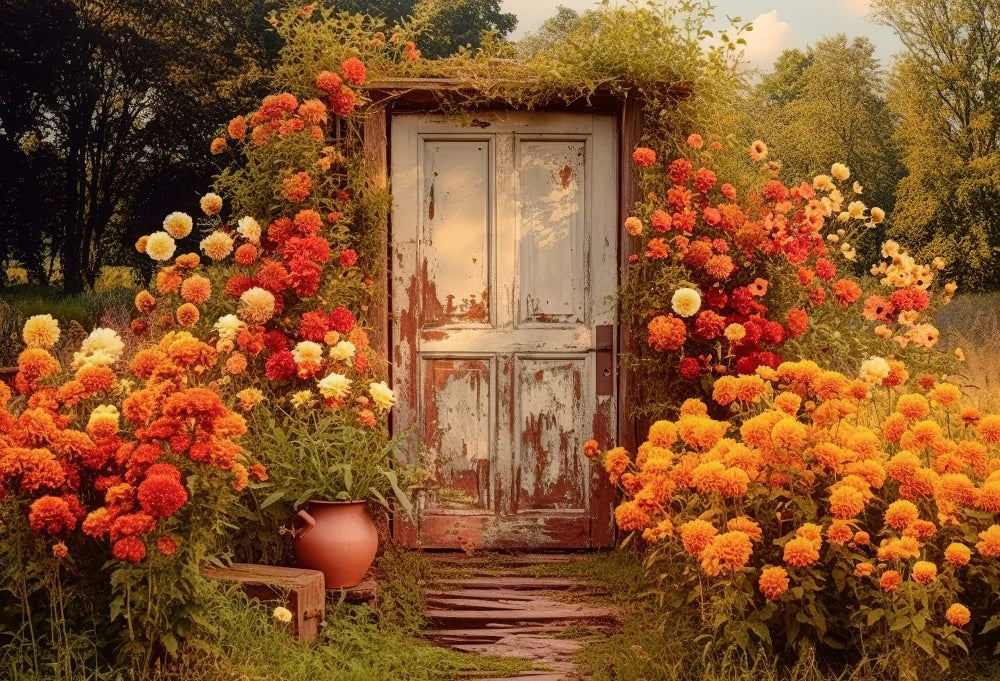 Kate Autumn Door in Floral Field Hintergrund für Fotografie