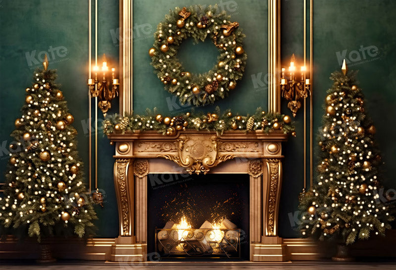 Kate Weihnachten Grüne Wand Goldener Kamin Hintergrund für Fotografie - Kate Backdrop.de