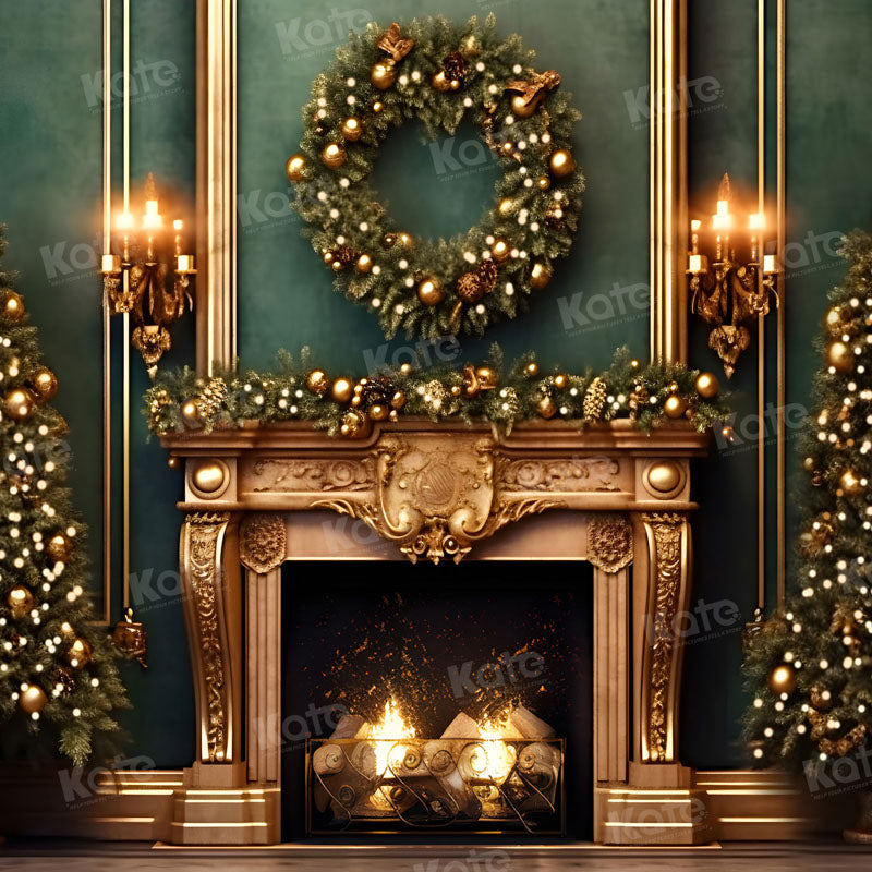 Kate Weihnachten Grüne Wand Goldener Kamin Hintergrund für Fotografie - Kate Backdrop.de