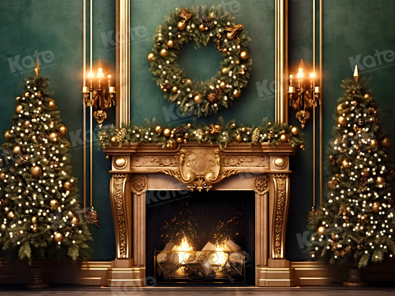 Kate Weihnachten Grüne Wand Goldener Kamin Hintergrund für Fotografie - Kate Backdrop.de